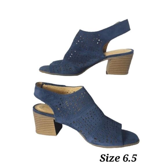 Women's Aussie Blue Suede Heels Cutout Peep-Toe Block Heel Sandals Size 6.5 - Picture 1 of 9